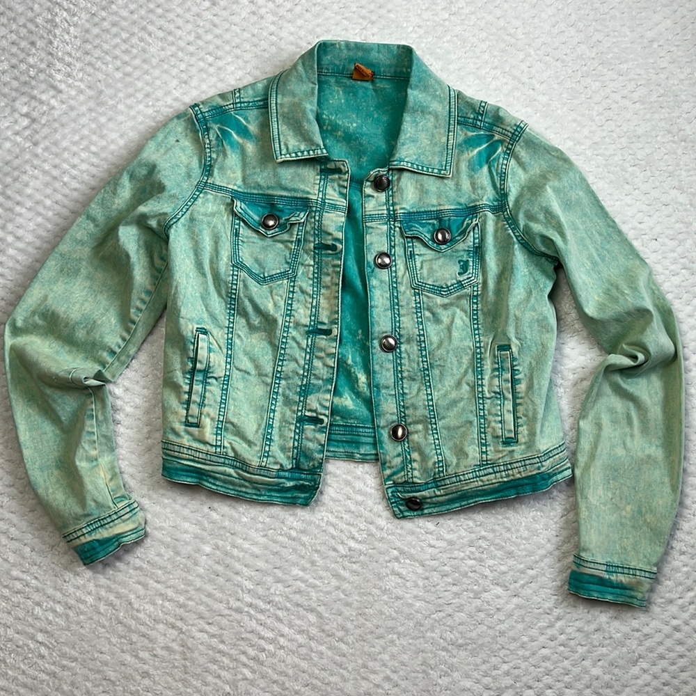JOUJOU vintage acid wash aqua blue green jean jacket size S small 0 2 4 6